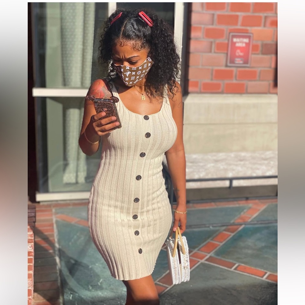 Cream Ribbed Button-Down Dress - image 1